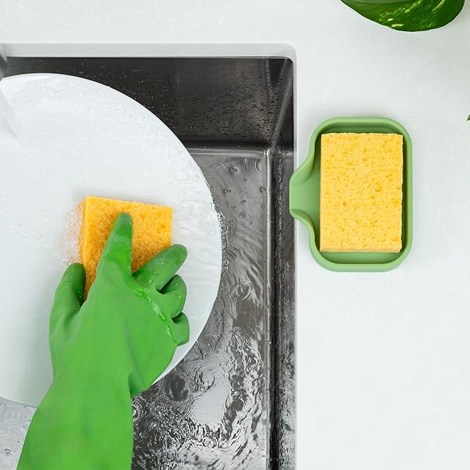 Zulay Kitchen Small Silicone Sponge Holder (4.9x3.3”) – Space-Saving Sink Organizer Tray for Sponge, Soap, Brush & More – Compact Non-Slip Dish for Kitchen & Bathroom (Jade Green) - Image 3
