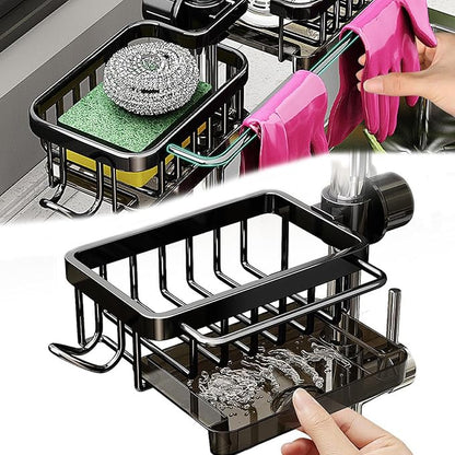 Kitchen Sink Faucet Organizer Multifunction Sponge Holder Organizer Sink Drain Holder Over Faucet Kitchen Sink Caddy with Hook Adjustable for 0.7-1.1inch Round Water Pipe (Black, S)
