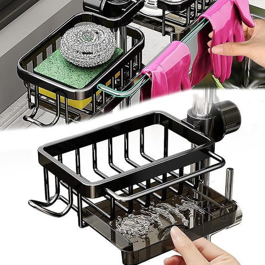 Kitchen Sink Faucet Organizer Multifunction Sponge Holder Organizer Sink Drain Holder Over Faucet Kitchen Sink Caddy with Hook Adjustable for 0.7-1.1inch Round Water Pipe (Black, S)