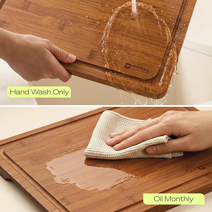ROYAL CRAFT WOOD Wooden Cutting Boards for Kitchen Meal Prep & Serving - Bamboo Wood Cutting Board Set with Deep Juice Groove Side Handles - Charcuterie & Chopping Butcher Block for Meat (Set of 3)