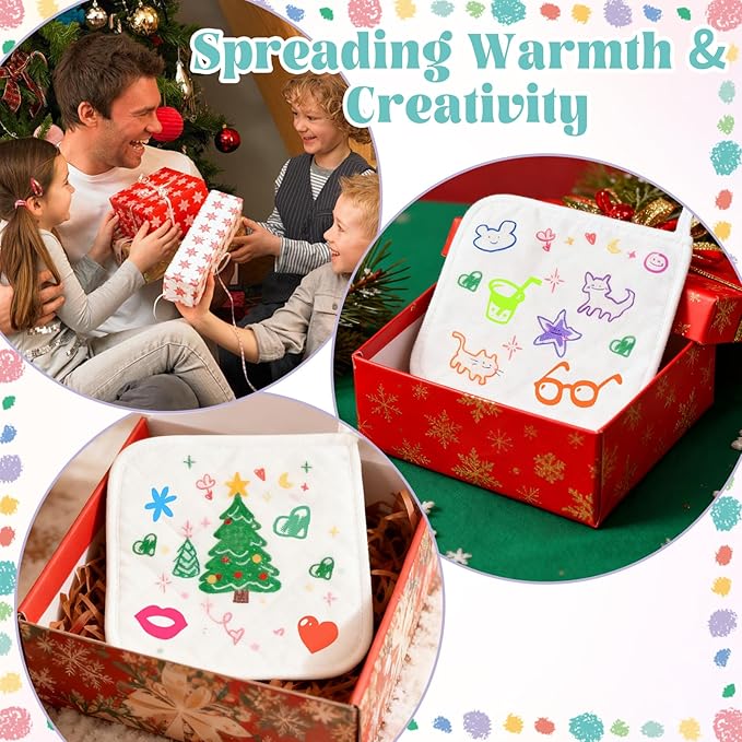 40 Pcs Pot Holder Bulk for Craft Include 16 White Heat Resistant Pot Holders and Oven Mitts with 24 Makers for Kitchen Cooking and Baking Christmas DIY Craft Project Set
