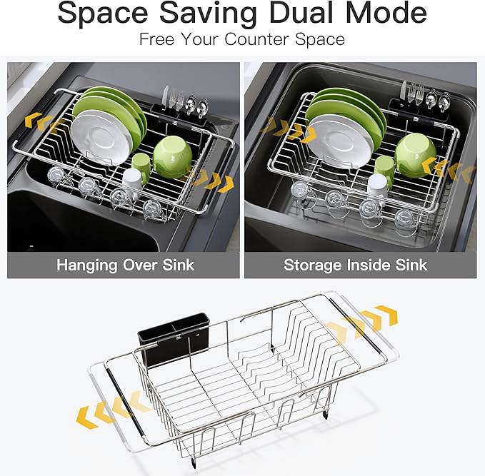 JASIWAY Dish Drying Rack in Sink, Expandable Stainless Steel Dish Drainers for Kitchen Counter, Dish Dryer Rack for Inside Sink, Over The Sink Dish Racks with Utensil Holder, Silver - Image 2