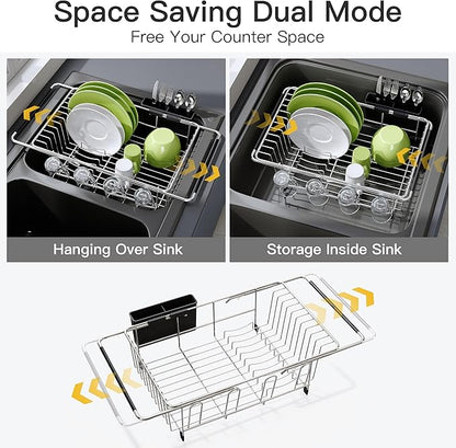 JASIWAY Dish Drying Rack in Sink, Expandable Stainless Steel Dish Drainers for Kitchen Counter, Dish Dryer Rack for Inside Sink, Over The Sink Dish Racks with Utensil Holder, Silver - Image 2