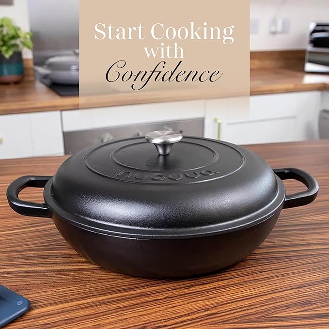 Shallow Cast Iron Casserole with Lid – Non Stick Dutch Oven Pot, Oven Safe up to 500° F – Sturdy Ovenproof Stockpot Cookware – Enamelled Cooking Pot – Black, 3.7-Quart, 30cm – by Nuovva