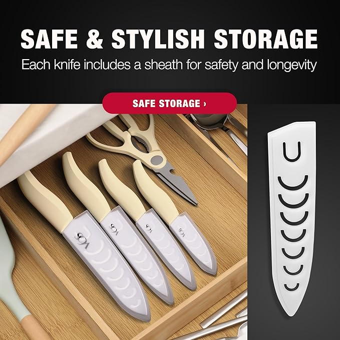 Vos ceramic knives set for kitchen in gift box, 5 ceramic knife with cover with scissors, 3" 4" 5" 6" ultra sharp knives for home cooks, lightweight, rust-free, dishwasher safe (Off-white handle)