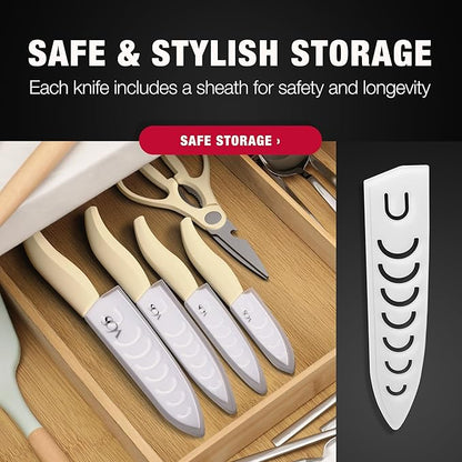 Vos ceramic knives set for kitchen in gift box, 5 ceramic knife with cover with scissors, 3" 4" 5" 6" ultra sharp knives for home cooks, lightweight, rust-free, dishwasher safe (Off-white handle)