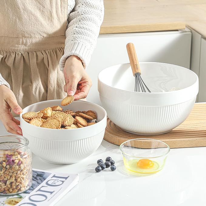 Ceramic Large Mixing Bowls for Kitchen, Set of 2 Big Serving Bowls for Cooking, Popcorn, Salad, Soup, Baking, Dough Bread Making Bowl, 10 inch + 8 inch, White - Image 4