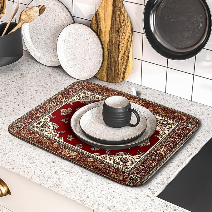 Giwawa Vintage Boho Dish Drying Mat Antique Tribal Rustic Red Floral Dish Drainer Mats 16"x18" Ethnic Carpet Microfiber Reversible Dish Drying Rack Pad Protector for Kitchen Countertop Decor
