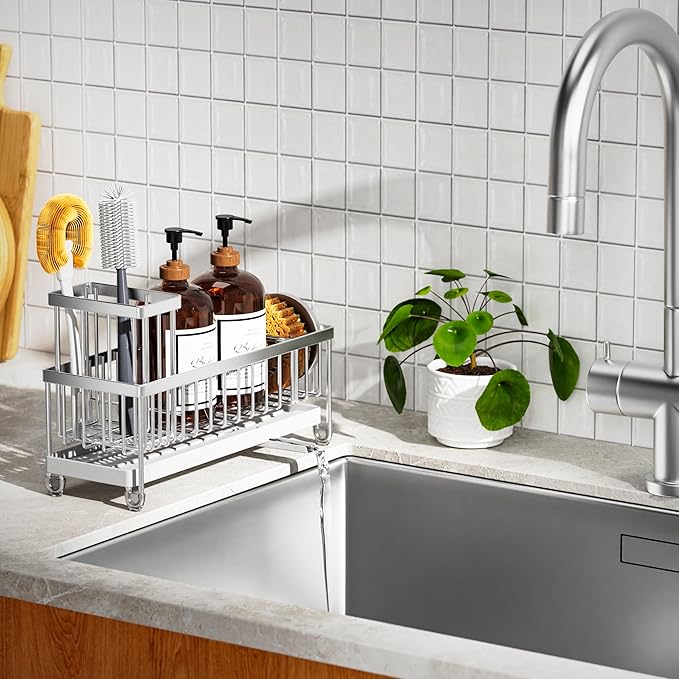 Cisily Sponge Holder for Kitchen Sink, Sink Caddy Organizer with High Brush Holder, Kitchen Countertop Organizers and Storage Essentials, Rustproof 304 Stainless Steel (Silver, 10.62″) - Image 7
