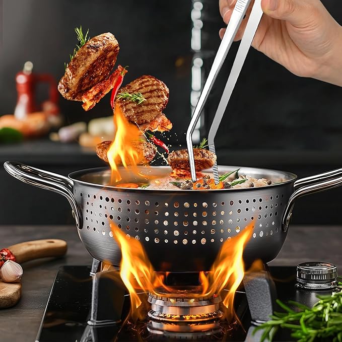 2-Piece Kitchen Tongs Set: Straight & Curved Edge Stainless Steel Non-Slip Grip Tweezers with Non-Slip Grip for BBQ, Grilling Steak & Flipping Pancakes