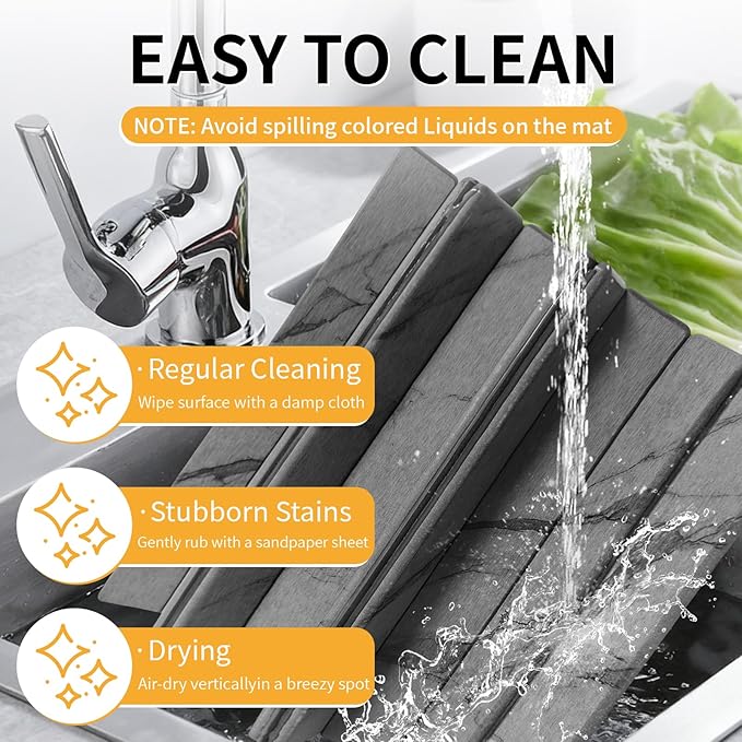 Stone Dish Drying Mat for Kitchen Counter, 24"×16" Quick Dry Stone Dishes Mat, Foldable Water Absorbing Diatomaceous Earth Drying Mats with Non-Slip Heat-Resistant Base for Dishes Utensils(Dark Gray) - Image 5