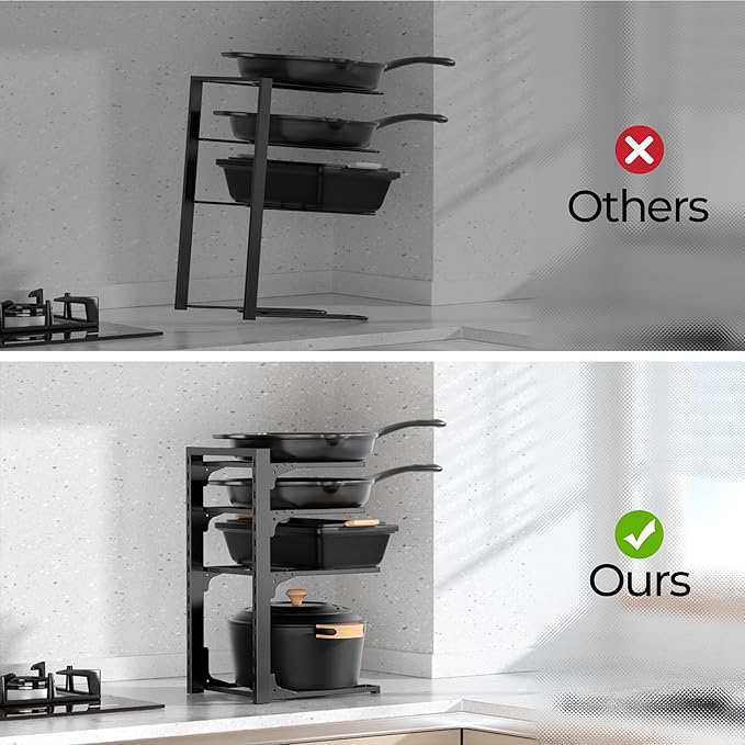 MUDEELA 2 Pack Pots and Pans Organizer under Cabinet, 4-Tier Heavy Duty Pan Organizers inside Cabinet Kitchen Storage, Adjustable Pot Rack Holds up to 44 LB Cast Iron Skillets Shallow Cookware - Image 5
