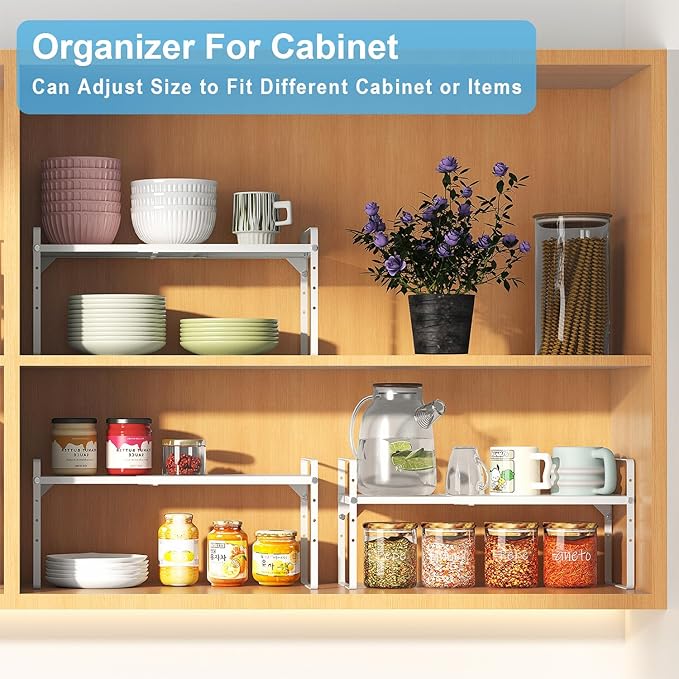 15.5 to 25.5 Inch Expandable Kitchen Cabinet Organizer Shelf, 30 LBS Heavy Duty Stackable Kitchen Counter Storage Shelves Organizers, 2 Pack Adjustable Small Storage Shelf Rack For Cabinet Cupboard - Image 5