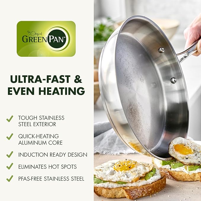 GreenPan Stainless Steel Cookware Set, 11 Piece, Induction Cookware, Dishwasher Safe, Oven Safe to 600F, Large 8QT Stock Pot, Sauce, Saute, Frying Pans, Pots & Pans Kitchen Essentials, Silver - Image 5
