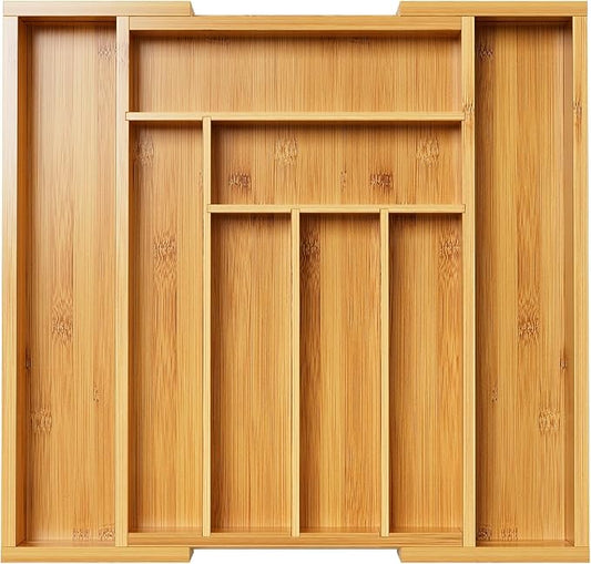 Pipishell Bamboo Expandable Drawer Organizer for Utensils Holder, Adjustable Cutlery Tray, Wood Drawer Dividers Organizer for Silverware, Flatware, Knives in Kitchen, Bedroom, Living Room(M-N) by Pipishell