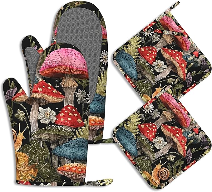Mushroom Forest Oven Mitts and Pot Holders Cute Snail Wildflowers Silicone Kitchen Accessories Set of 4 Heat Resistant Non-Slip Long Gloves Potholder for Chef Cooking Baking Gifts Women Men
