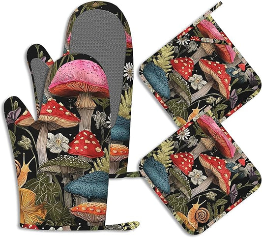 Mushroom Forest Oven Mitts and Pot Holders Cute Snail Wildflowers Silicone Kitchen Accessories Set of 4 Heat Resistant Non-Slip Long Gloves Potholder for Chef Cooking Baking Gifts Women Men