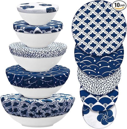 Patelai 10 Pcs Bowl Covers Reusable in 5 Size Stretch Cloth Fabric Elastic Food Storage Bowl Covers Bread Sourdough Lids for Proofing Food Fruits Leftover(Blue White,Japanese) by Patelai