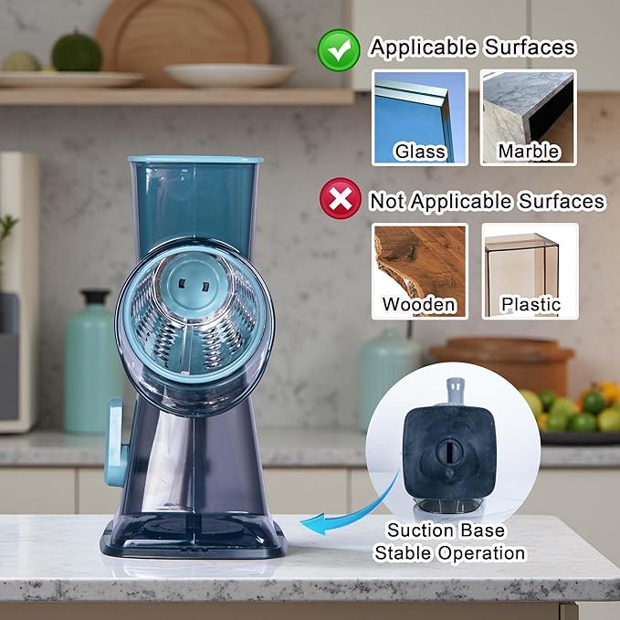 Rotary Cheese Grater Cheese Shredder, Cheese Grater Handheld with Strong Suction Base,Kitchen Vegetable Slicer 3 Replaceable Stainless Drum Blades for Fruit, Food, Nuts,Easy to Use Clean (Blue) - Image 5