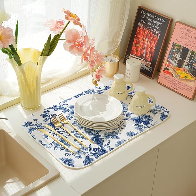 Vintage Blue Dish Drying Mat 18x24 Inch Chinoiserie Navy Blue Floral Drying Mat Flower Spring Summer Seasonal Absorbent Dish Drying Pad Dish Rack Drainer Mats for Kitchen Dining Counter