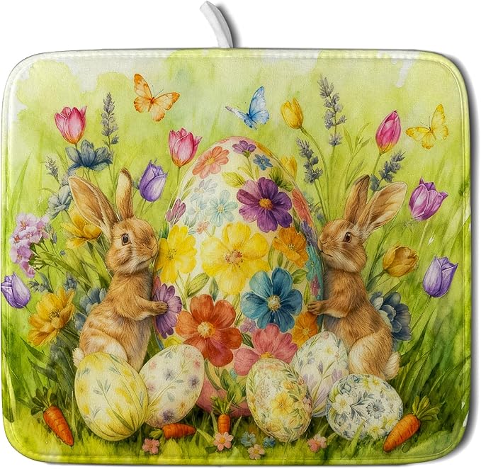 Easter Dish Drying Mat for Kitchen Counter Spring Bunny Microfiber Countertop Mat Small by Giwawa