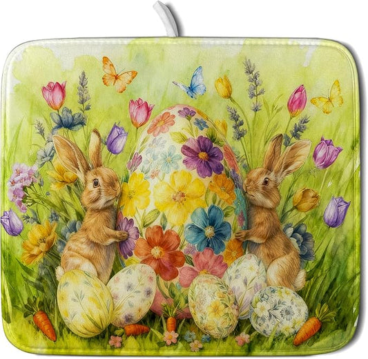 Easter Dish Drying Mat for Kitchen Counter Spring Bunny Microfiber Countertop Mat Small by Giwawa