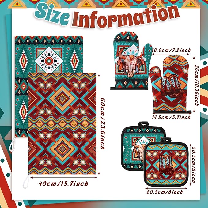 Jingmore 6 Pcs Kitchen Decor Set Accessorie Farmhouse Kitchen Towels Pot Holders Oven Mitts Set 2 Dish Towels 2 Pot Holders 2 Cooking Mittens Oven Glove for Cooking(Retro Color,Western Boho Aztec) - Image 3