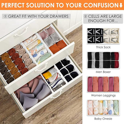 6 Pack Sock Underwear Drawer Organizer Dividers, 58 Cell Foldable Fabric Dresser Closet Organizers and Storage Bins for Clothing, Baby Clothes, Bra, Panty, Scarf, Ties (White) - Image 3