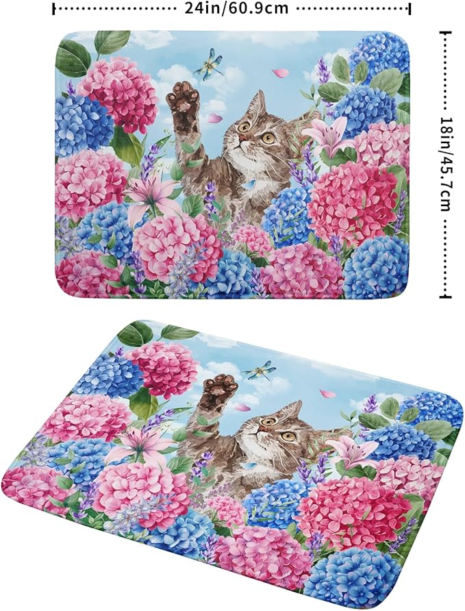 Cute Cat Dish Drying Mats for Kitchen Counter Hydrangea Floral Absorbent Drying Dishes Mat Large 18 X 24 - Image 2