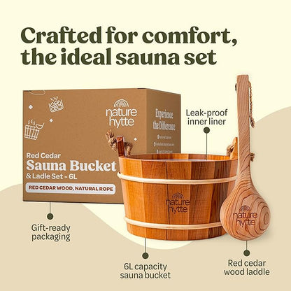 Red Cedar Sauna Bucket and Ladle Set 6L (1.6 Gallon) - Natural Rope Handle - Premium Red Cedar Wood - Natural Aroma - Elegant Gift-Ready Packaging