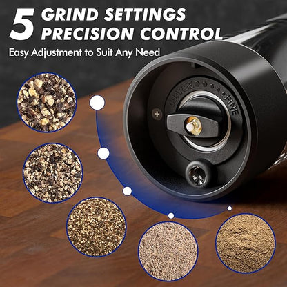 Electric Salt and Pepper Grinder Set, USB Rechargeable Automatic Pepper Mills and Salt Grinders with LED Light, Large 100ml Capacity, Adjustable Coarseness, One-Hand Operation, Stable Base