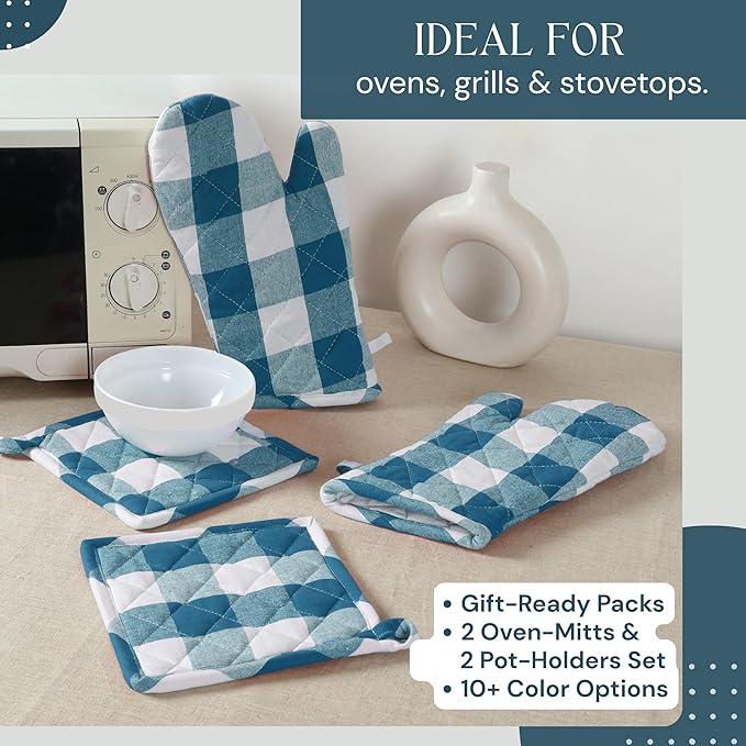 Oven Mitt & Pot Holder Buffalo Plaid Check 100% Cotton Heat Resistant Oven Gloves (7"x13") & Hot Pads (8"x8") Combo for Baking, Cooking - Teal