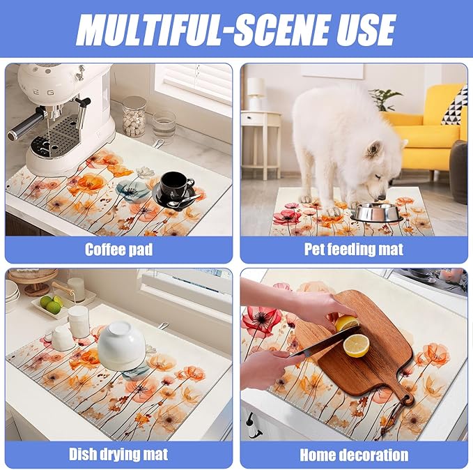 Poppy Dish Drying Mat for Kitchen Counter Wild Flower Drying Pad Absorbent Reversible Dish Drainer Rack Mats Draining Pad 18"x24"Inch - Image 7