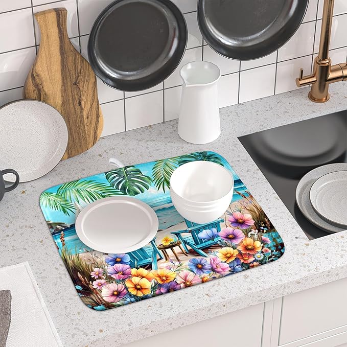 Spring Summer Sea Chair Dish Drying Mat for Kitchen Counter,Coastal Beach Palm Leaf Flowers Drying Mat 16 x 18 Inch with Absorbent Reversible Microfiber Drying Pad for Coffee Bar - Image 6