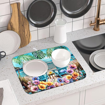 Spring Summer Sea Chair Dish Drying Mat for Kitchen Counter,Coastal Beach Palm Leaf Flowers Drying Mat 16 x 18 Inch with Absorbent Reversible Microfiber Drying Pad for Coffee Bar - Image 6