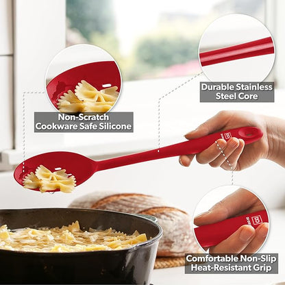 DIORO Silicone Mixing & Serving Spoons - Large Heat-Resistant Non Stick Utensils Big Solid & Slotted Basting & Stirring Spoons - Dishwasher Safe (2pc, Red) - Image 3