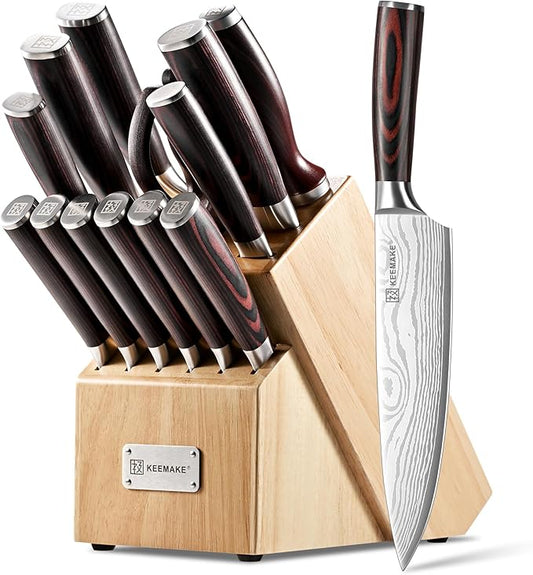 KEEMAKE 14-Piece Knife Set with Block,Ultra Sharp Knife Block Set High Carbon Stainless Steel Kitchen Knife Set Professional Chef Knife Set with Ergonomic Pakkawood Handle and Sharpener