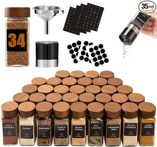Yangbaga 34Pcs Glass Spice Jars with Labels-4oz Acacia Wood Lid Square Spice Containers with Pepper Grinder Lids &Funnel,Seasoning Jars for Rack Cabinet Drawer by Hanber
