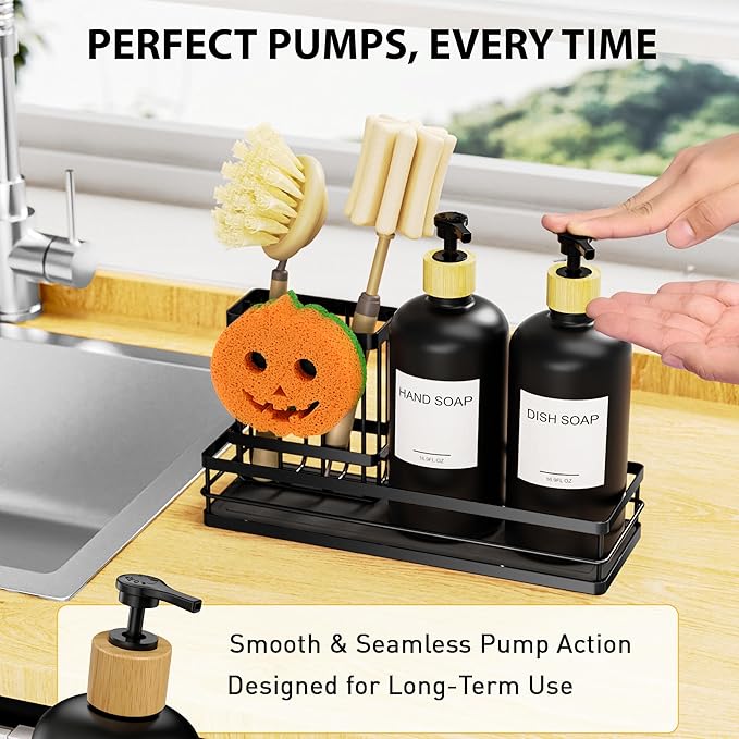 Moforoco Kitchen Dish Soap Dispenser Set, 16OZ Glass Bottle, Hand and Dish Soap Dispenser Set, Instant Dry Tray, Brush Holder with Smiley Face Sponge Holder (Black Tray+Black Bottle+Labels) - Image 5