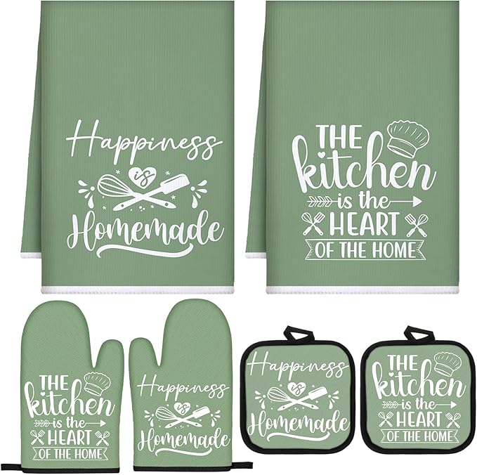 Sratte 6 Pcs Kitchen Decor Accessories Set Farmhouse Towels Pot Holders Oven Mitts Set 2 Dish Towels 2 Potholders 2 Cooking Mittens Oven Glove for Christmas Baking Cooking Supply(Sage Green,Kitchen) by Sratte