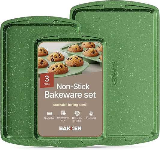BAKKEN Kitchen Baking Pan Set - Nonstick Green Marble Coating, Commercial Grade Carbon Steel Bakeware Sets, Baking Kitchen Essentials, PFOA, PFOS, PTFE Free, Oven Safe Tray (Up To 450° F), Set of 3 by Unknown