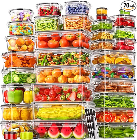 70 PCS Food Storage Containers with Lids Airtight (35 Containers & 35 Lids), 100% Leak Proof Meal Prep Container for Kitchen, BPA-Free Plastic(Polypropylene5), Microwave/Dishwasher Safe, Labels & Pen by KEMETHYFocusesonCreatingEfficientStorageProductswithQualityMaterials