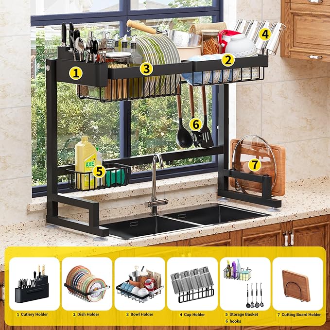 ilvvan Over Sink Dish Drying Rack (Expandable Height/Length) Snap-On Design Large Dish Drainer Storage Counter Organizer 24" - 35.5"(L) x 12"(W) x 19" - 22"(H) - Image 8