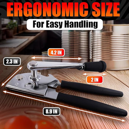 Heavy Duty Commercial Can Opener – Stainless Steel Can Opener for Large & Small Cans, Manual 360° Smooth Crank with Ergonomic Long Handles, Non-Slip Grip, 2-in-1 Bottle Opener for Restaurants & Home