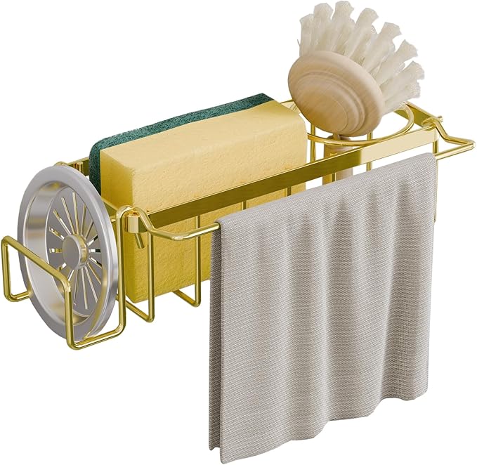 TAILI Sponge Holder with Strong Suction Cup, 4-in-1 Rustproof Sink Organizer - Sink Caddy Holds Sponges, Brushes, Stoppers & Scrapers -Gold - Image 9