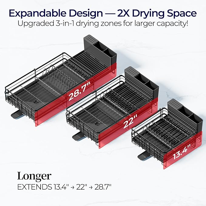 Large Dish Drying Rack, Expandable Dish Rack for Kitchen Counter, Dish Drainer with Drainboard Set, Multifunctional Dishrack with Utensil & Cup Holder, 13.4"-28.7" L x 11.8" W x 7.8" H, Black - Image 5