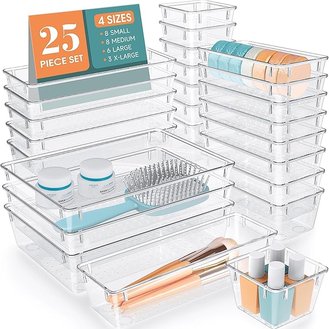 WOWBOX 25 PCS Clear Plastic Drawer Organizer Set, 4 Sizes Desk Drawer Divider Organizers and Storage Bins for Makeup, Jewelry, Gadgets for Kitchen, Bedroom, Bathroom, Office by WOWBOX