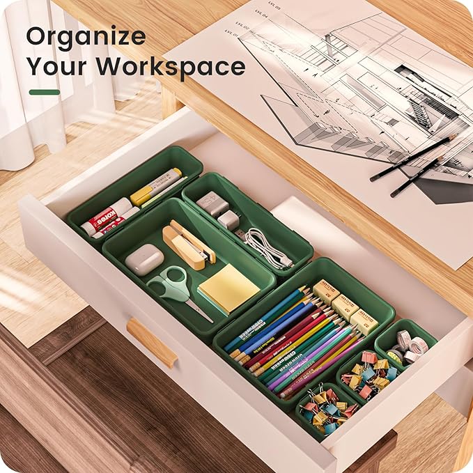 A-LuGei 【 & 5 Size】 Tool Box Organizer Tray Divider Set,【Army Green】 Desk Drawer Organizer,Garage Organization and Storage Toolbox Accessories Rolling Tool Chest Cart WorkBench Small Part - Image 2
