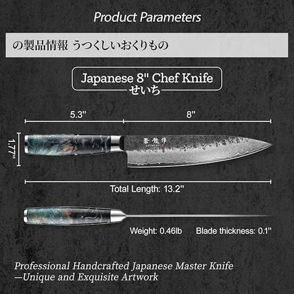 Japanese Chef Knife 8'', Hand Forged 67-Layer Damascus VG10 Core Kitchen Knife for Home & Professional Chefs, Razor Sharp Chef's Knives with Leather Sheath and Premium Gift Box, Ideal Cooking Gift