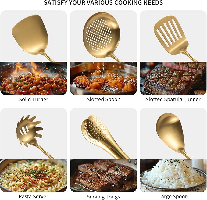 304 Stainlss Steel Matte Kitchen Utensils Set, 11 Pcs Long Metal Cooking Utensil Gadgets Tools Set with Spatula, Spoon, Ladle, Skimmer, Tunner, Pasta Server, Tongs(Gold, Dishwasher Safe) - Image 3